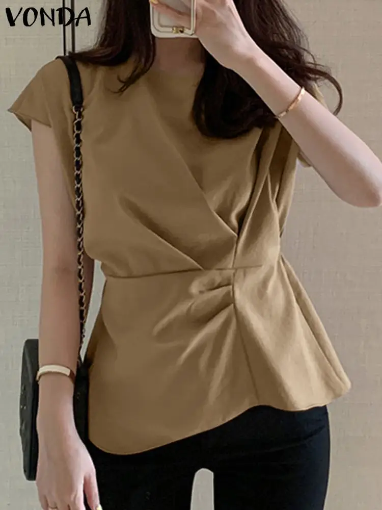

Модные женские элегантные рубашки VONDA 2024, летняя блузка с коротким рукавом, туника, топы, повседневные однотонные Плиссированные Свободные Блузы