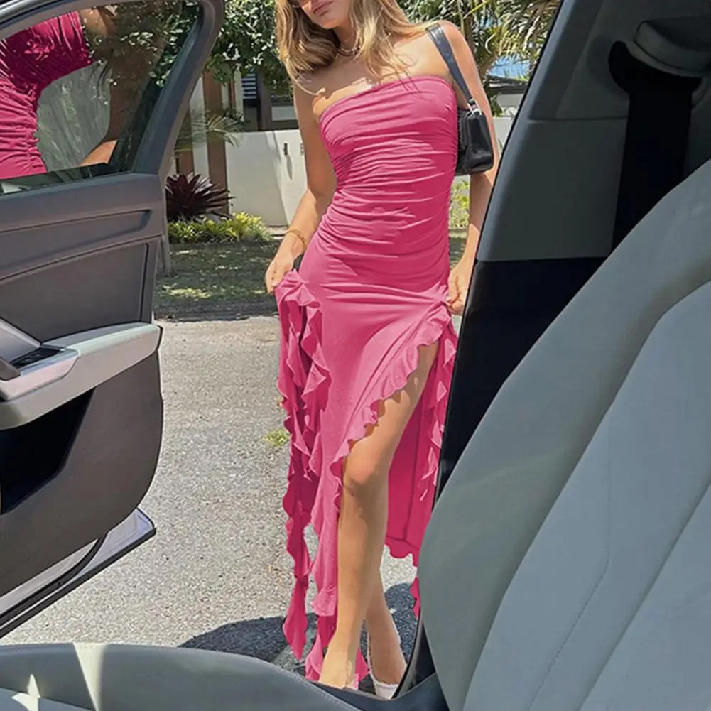 

Sexy Strapless Off Shoulder Midi Dress Women Ruffles Split Hem Beach Dress Summer Slim Fit Party Female Dress