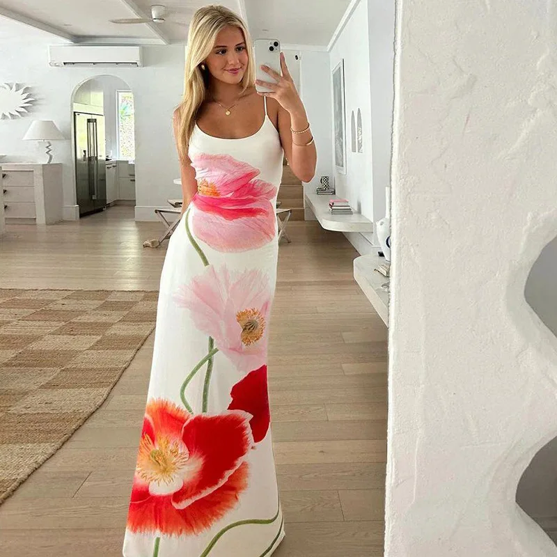 Vestidos de moda con cuello halter ajustado y estampado para mujer, vestido largo elegante sin espalda y cintura alta, vestido de fiesta de verano 2025.