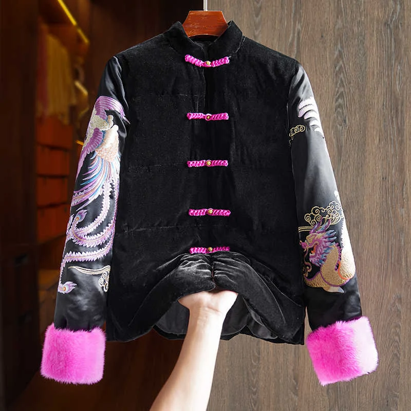 Winter New High End White Goose Down Down Coat Chinese Style Dragon Phoenix Embroidered Silk + Velvet Contrast Cuffs Coat S-XL