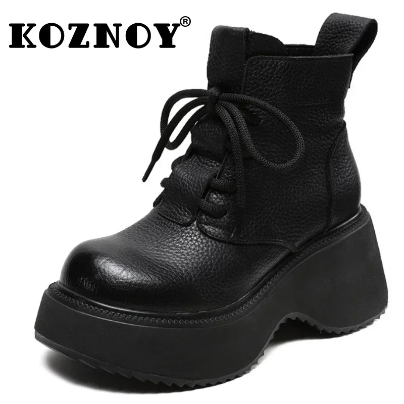

Koznoy 8cm Genuine Leather 2024 Comfy Booties Spring Autumn Platform Wedge Winter Plush Ankle Boots Women Fashion Booties Shoes