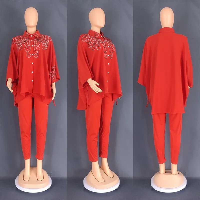Casual Women's Long Pants Suit Maxi Sleeved Shirt Slim Fit Trousers Two Piece Suit Solid Embroidery Loose Ethnic Clothing 2023
