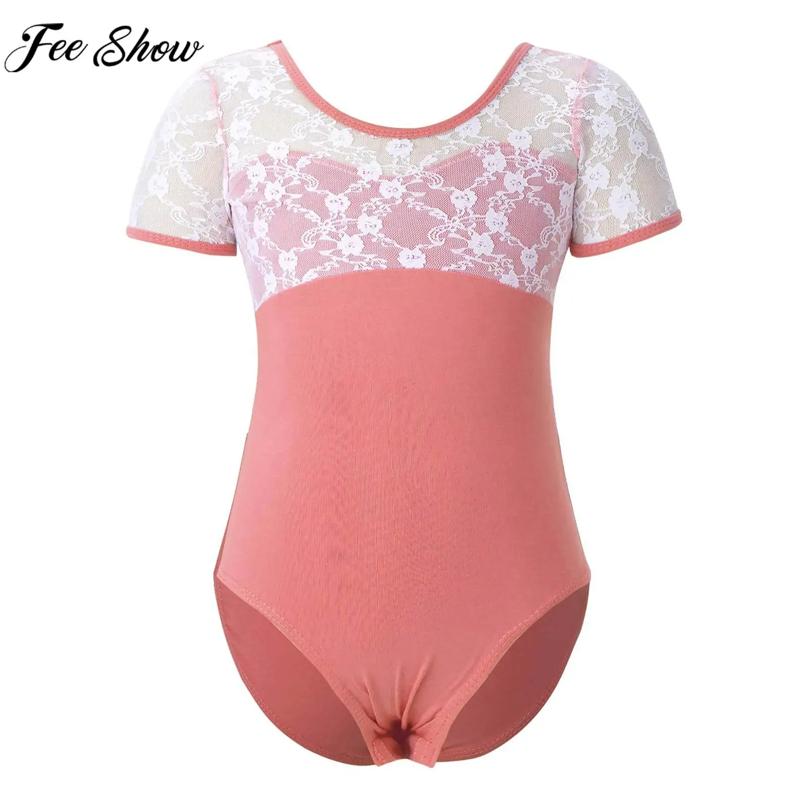 Teens Girls Manica Corta Backless Dancewear Lace Mesh Ballet Ginnastica Body Kids Dance Class Training Performance Costume