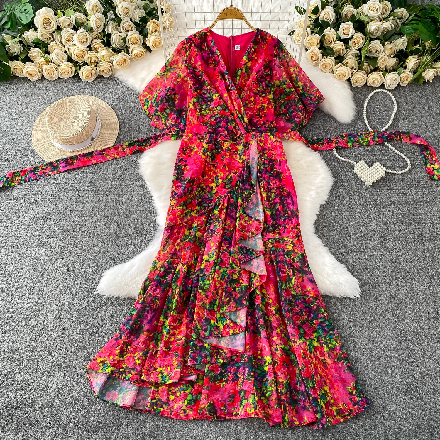 Summer Women Red/White/Yellow Floral Printed Irregular Ruffle Long Dress Vintage V-Neck Puff Sleeve Elegant Dress With Belt New