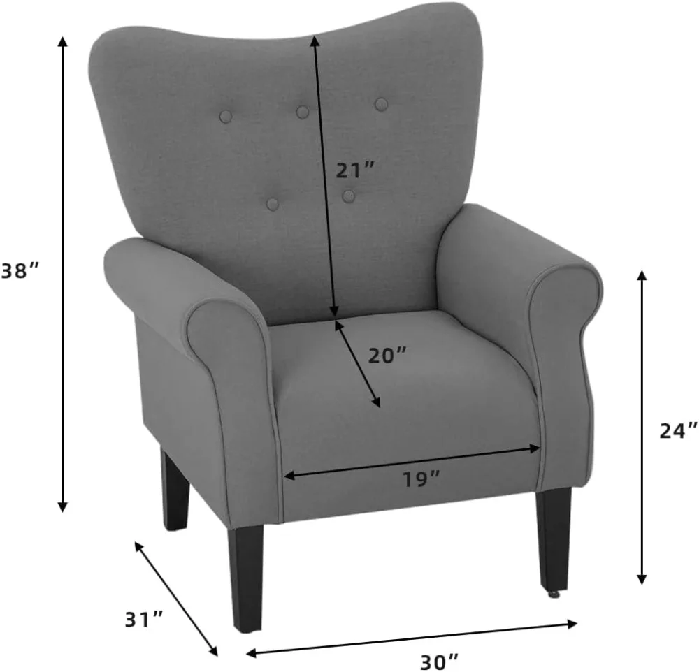 Modern Accent Chair, High Back Armchair, Upholstered Fabric Sofa with Wooden Legs for Living Room, Bedroom, Grey