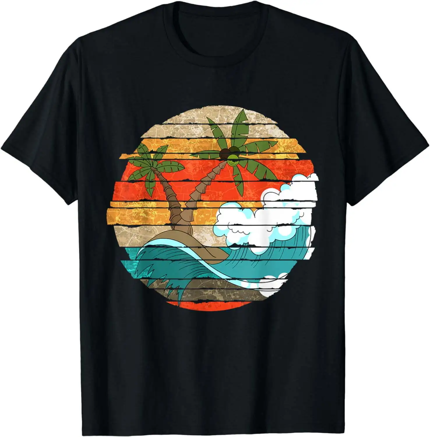 Ocean Palm Trees Waves Summer Vibes Retro Tropical T Shirt Maniche Lunghe O Corte