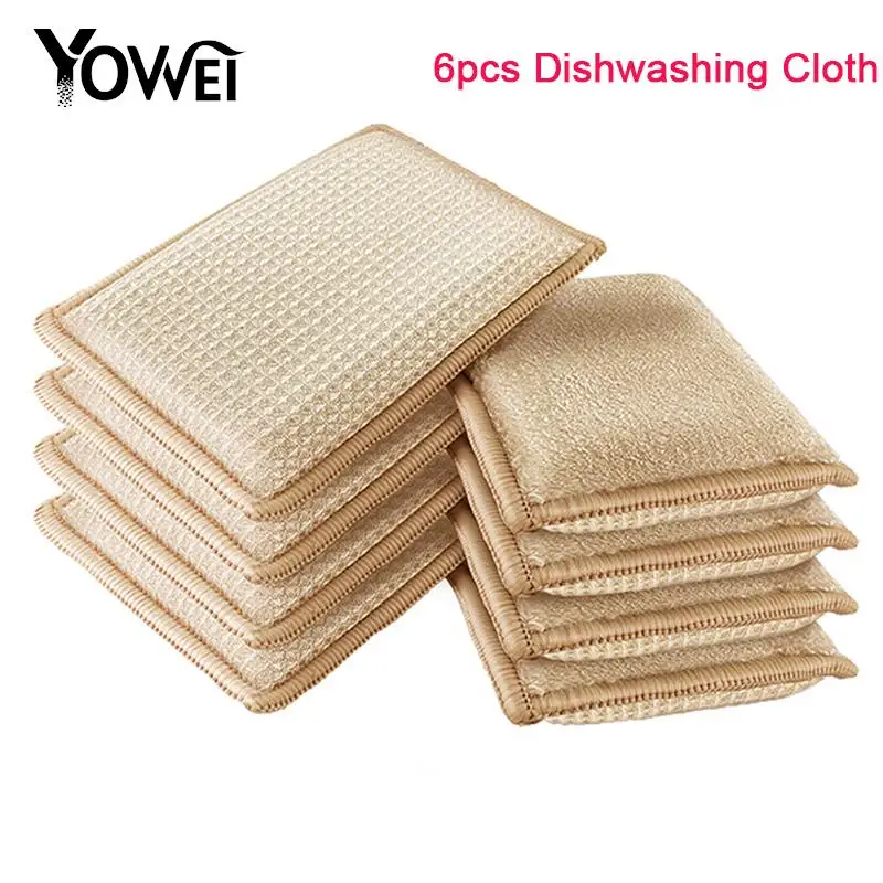 

6pcs/set Bamboo Fiber Dishwashing Scouring Pads Dish Towel Sponge Scrub Pot Scrubbing Cloth Kitchen Cleaning Wire Rag Scrub