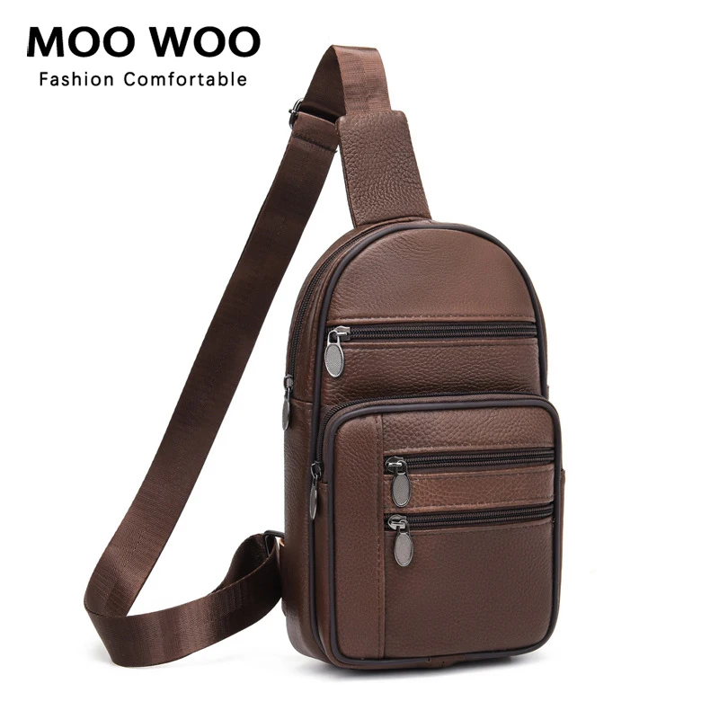 

MOOWOO Genuine Leather Luxury Brand Chest Bag For Man Travel Hiking CrossBody Bag Male Messenger Bag Chest Pack Sling Bags