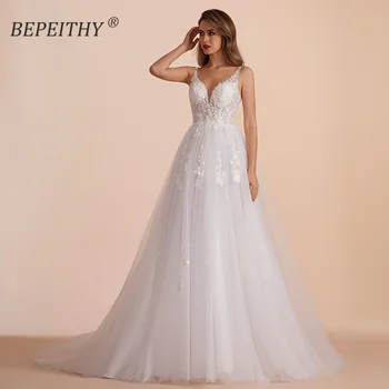 BEPEITHY Customized White Lace A Line Beach Wedding Dresses 2023 Vestidos De Novia Bride V Neck Sweep Train Boho Bridal Gown