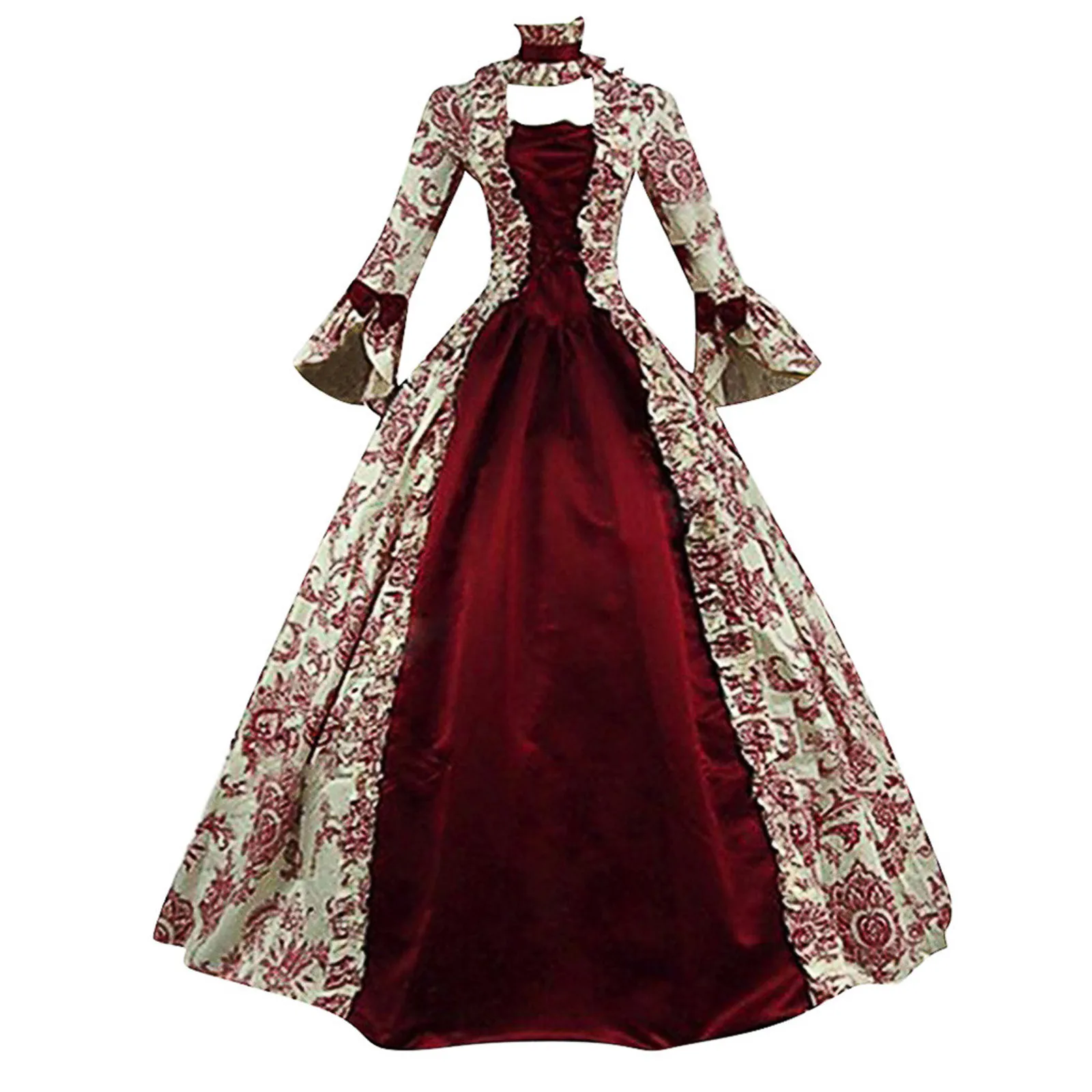 Women Lace-Up Medieval Dress Ruffles Bow Vintage Victorian Carnival Maxi Dress Patchwork Floral Female Fairy Long Dress 5