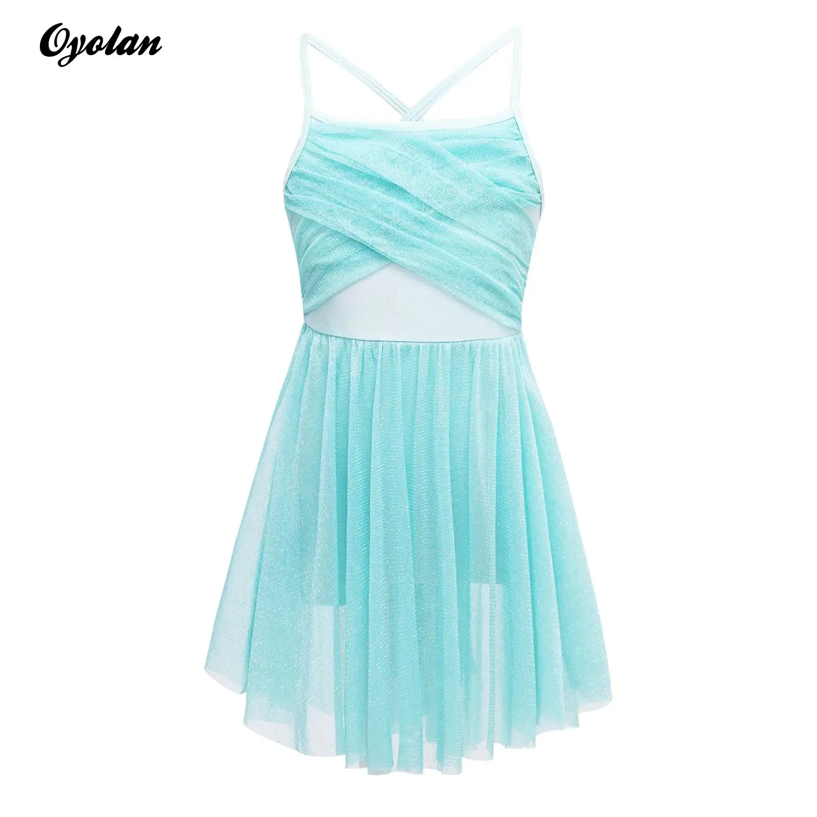 

Kids Girls Glittery Figure Skating Costume Mesh Spaghetti Shoulder Straps Ballet Lyrical Latin Dance Gymnastics Leotard Dress