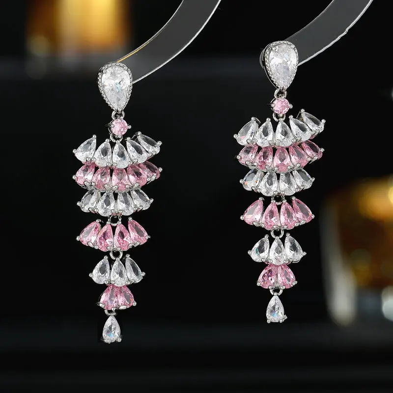 

2023 New Trendy Luxury Multilayer Cubic Zirconia CZ Dangle Drop Earrings for Women Party Bride Wedding Prom Jewelry Gift сережки