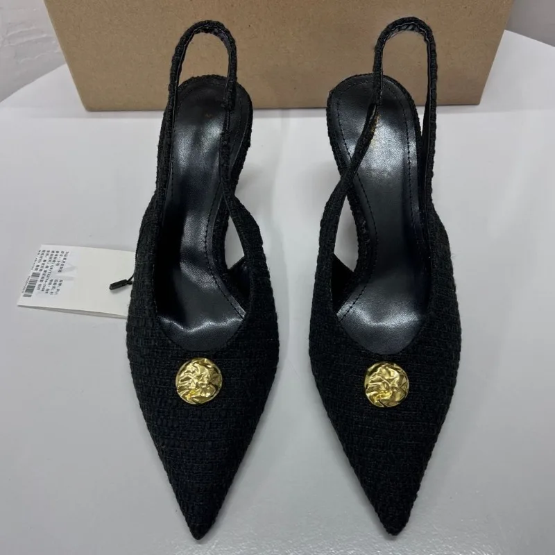 Ankle Wrap Women High Heeled Sandals Metal Buckle Decoration Stilettos Luxury Designer Dress Slingbacks Shoes for Lady