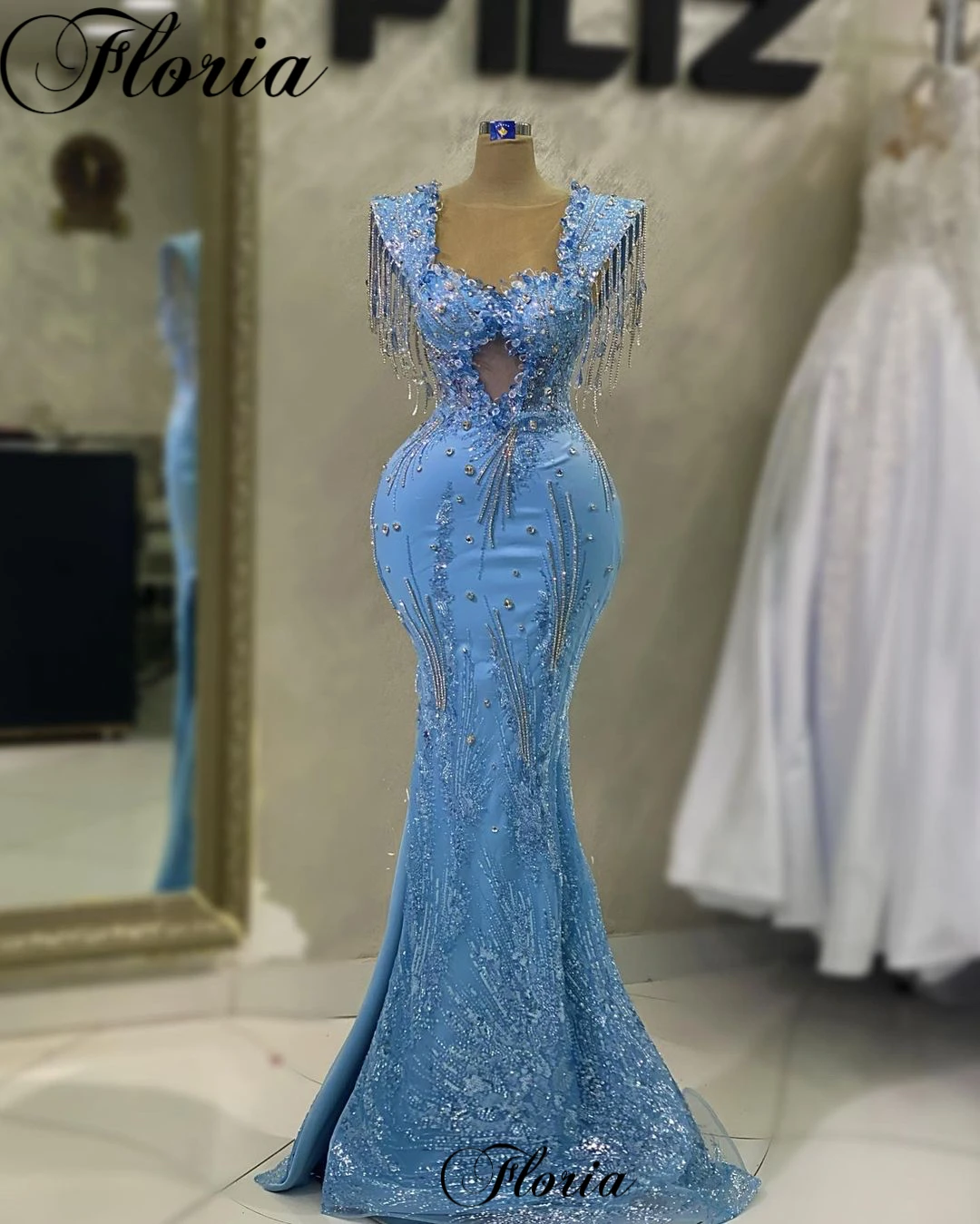 Blue Mermaid Evening Dresses With Crystals Sleeveless Designed Prom Dresses Turkish Coutures Pageant Gowns Robes De Soirée