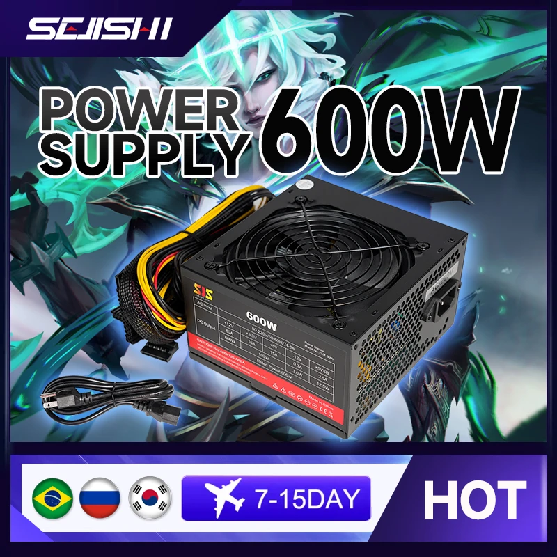 

SEJISHI fonte 600W PC PSU Power Supply Unit Black Gaming Quiet 120mm Fan 24pin 12V ATX Desktop Computer Power Supply for BTC