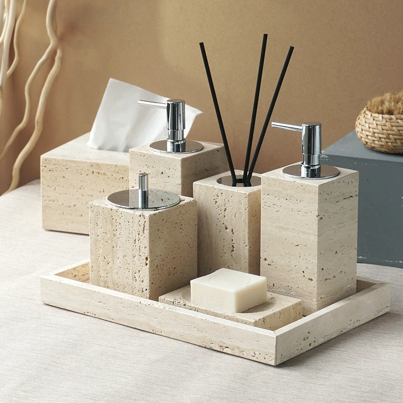 Beige Travertine Bathroom Accessories Set Natural Marble Soap Dispenser Soap Dish Reed Diffuser Vanity Tray