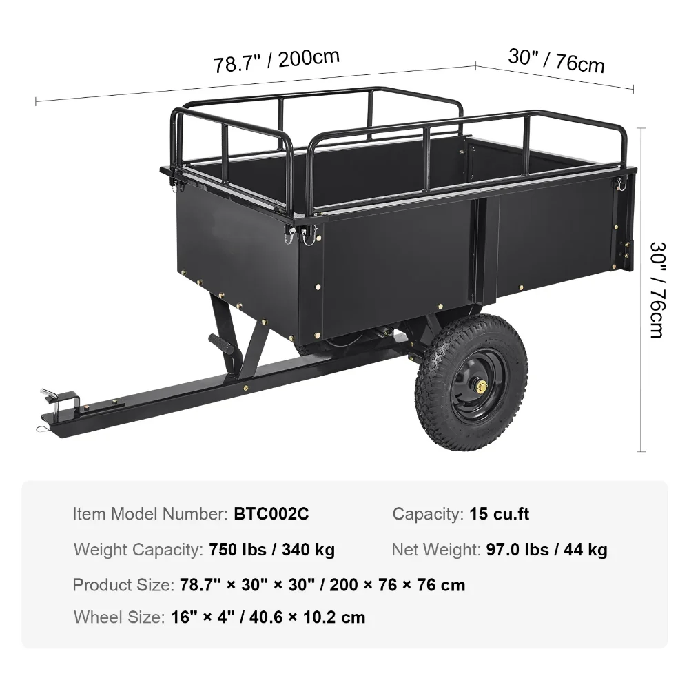Lawn Mower Trailer, Heavy Duty ATV Trailer Dump Cart Tow Behind, Capacity 750lbs, 15 Cu.Ft. Garden Yard Trailer, Black Mesh