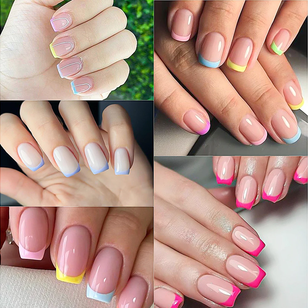 Press On Nails Square Glossy Rainbow Lines False Nail Tips Set_voghion.com