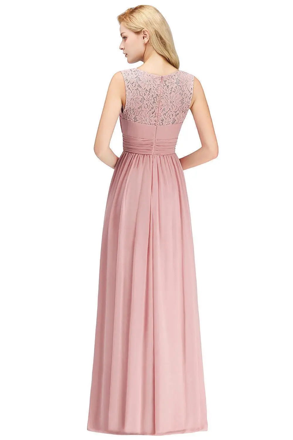 2024 Lace Dusty Pink Bridesmaid Dresses Elegant Illusion Neck Zip Long Chiffon Wedding Guest Gown Formal Party Maxi Dress