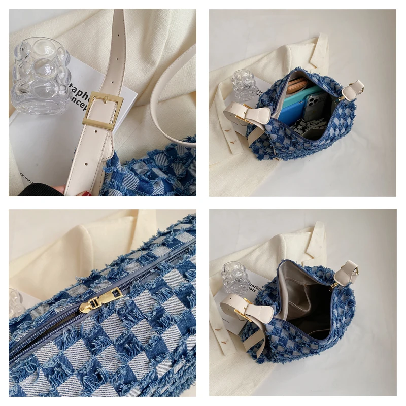 Checkered Women's Bag 2023 New Jeans Eco Bag Korean Shopping Denim Shoulder Cross Bag Large Messenger Bag Y2K PU Belt Satchel
