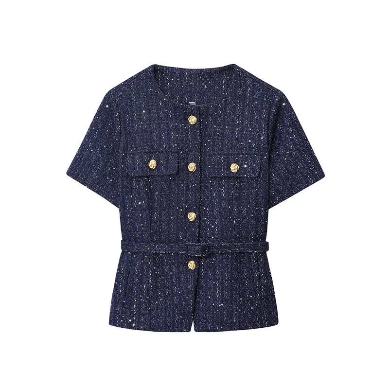 Women's Fashion Texture Jacket Chic Elegant Short Coat Belt Short Sleeve Metal Buckle Jackets High Street Casual Outerwears