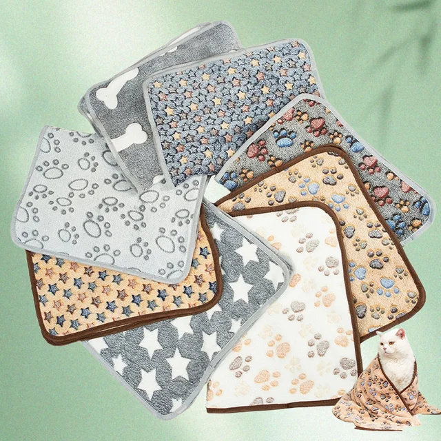 2PCS Soft Fluffy High Quality Pet Blanket Cute Cartoon Pattern Paw Print Dog Pet Mat Warm and Comfortable Blanket for Cat Dogs