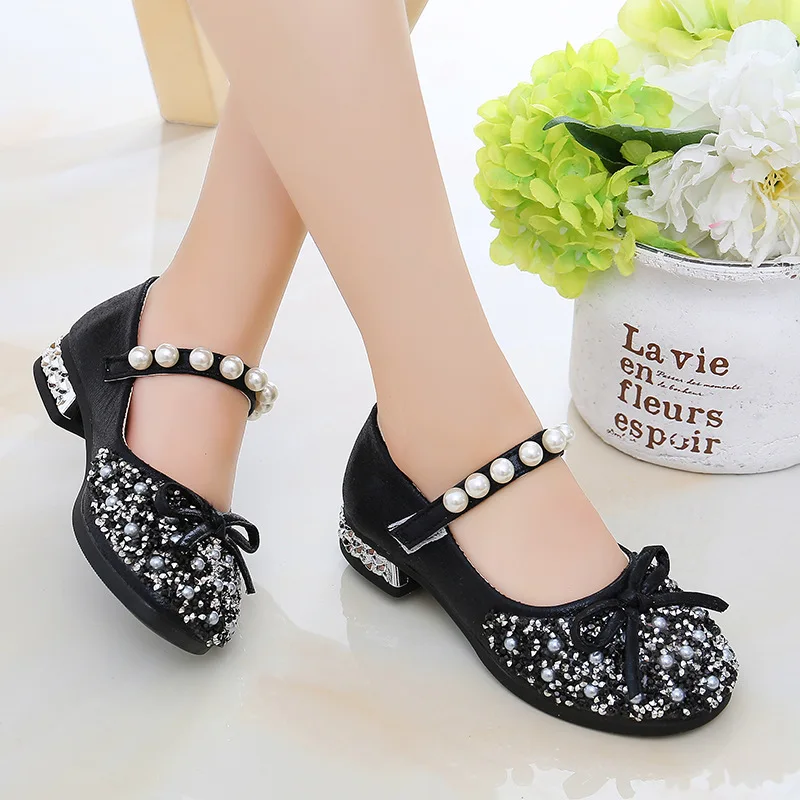 Fashion Children Princess Leather Shoes for Girls Crystal Summer Party Wedding Performance Soft Sole Sweet Pearl Single Shoes