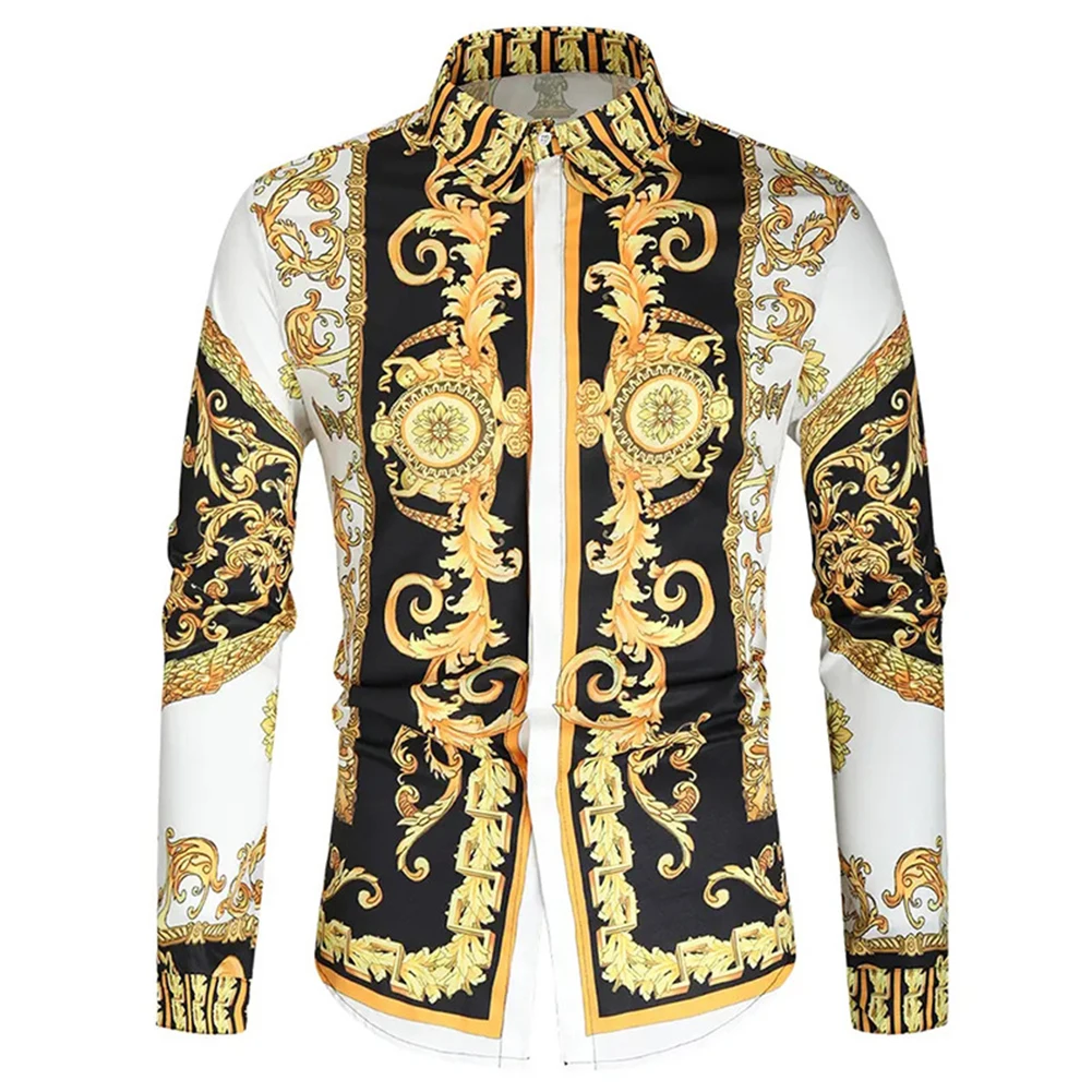 

Fashion Man Luxurious Golden Printed Shirt Long Sleeve Muscle Collar Single Breasted Party Dress Up Shirts For Men Clothing