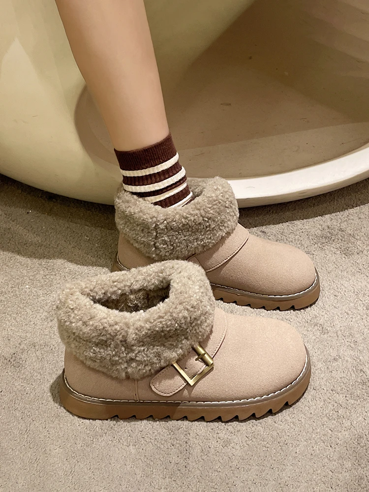 

Женские зимние ботинки, женские низкие ботинки, австралийские ботинки, женские ботинки с круглым носком на плоской подошве, 2023, кожаные ботильоны на резиновой подошве, из флока с мехом в римском стиле