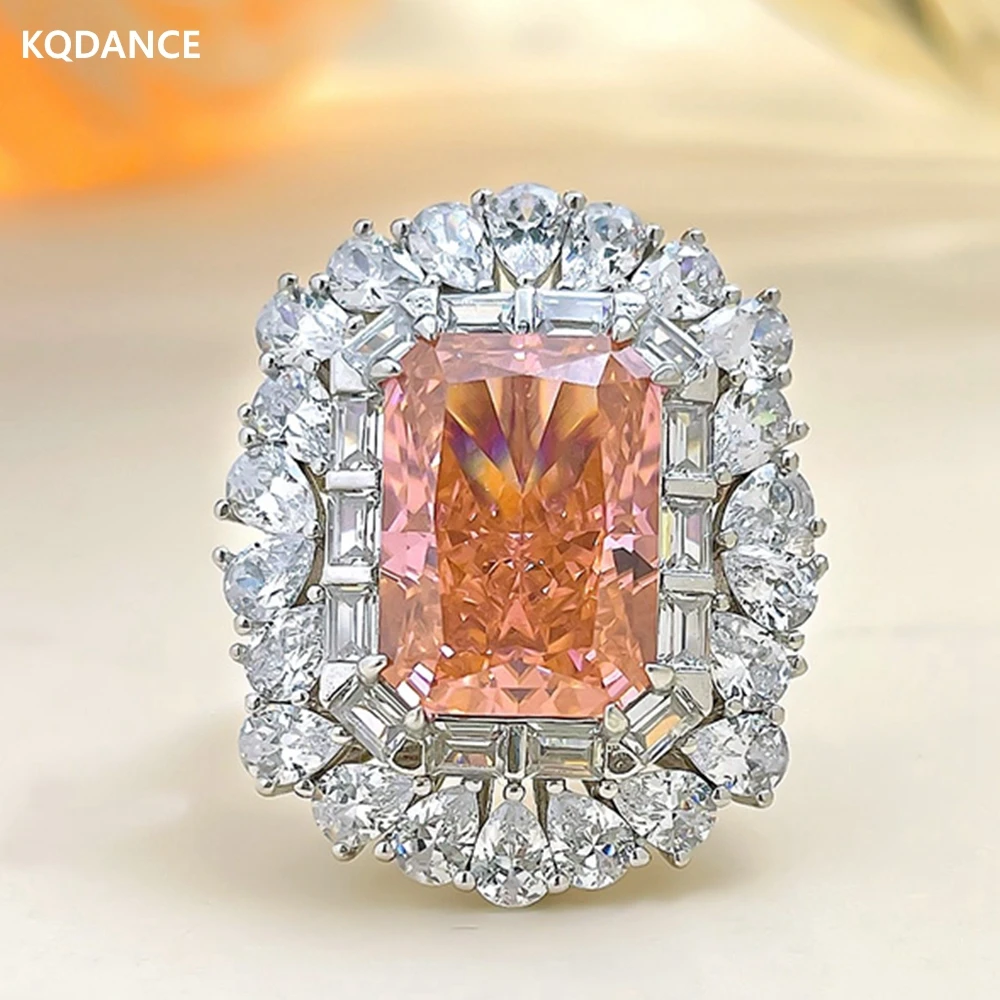 

KQDANCE 925 Sterling Silver With Ice Cut Large 10 Ct Padparadscha Pink Gemstone High Carbon Diamond Rings Women Jewelry