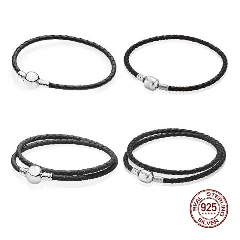 Abalorios de de ley 925 para Pandora, pulsera Simple, de cuero básico| | - AliExpress