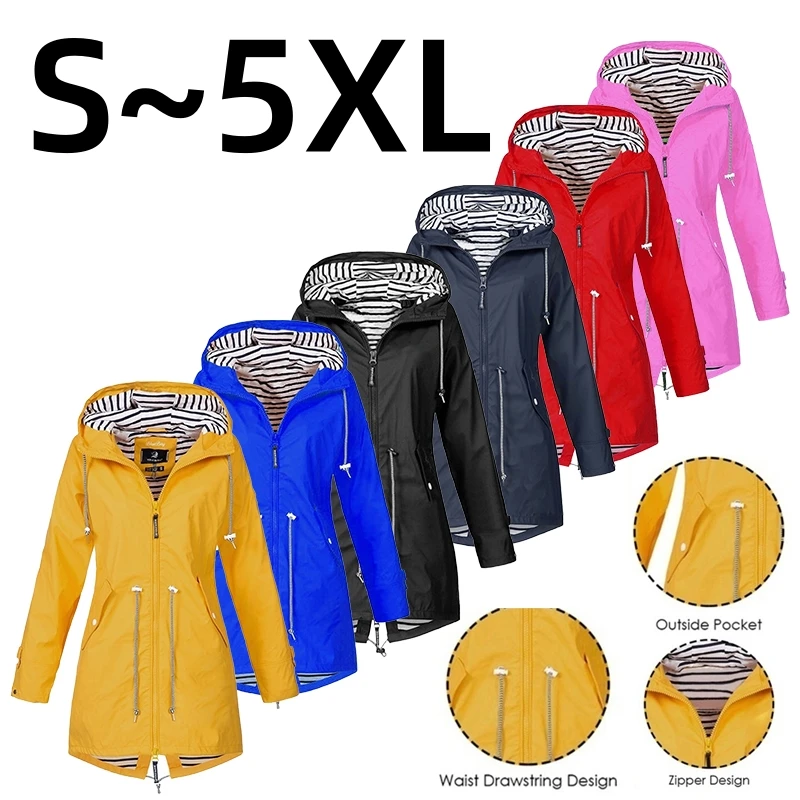 Women's Fashion Four Seasons Outdoor Windproof Long Charge Coat Casual Plus Size Hooded Windproof Coat Mountaineering Suit