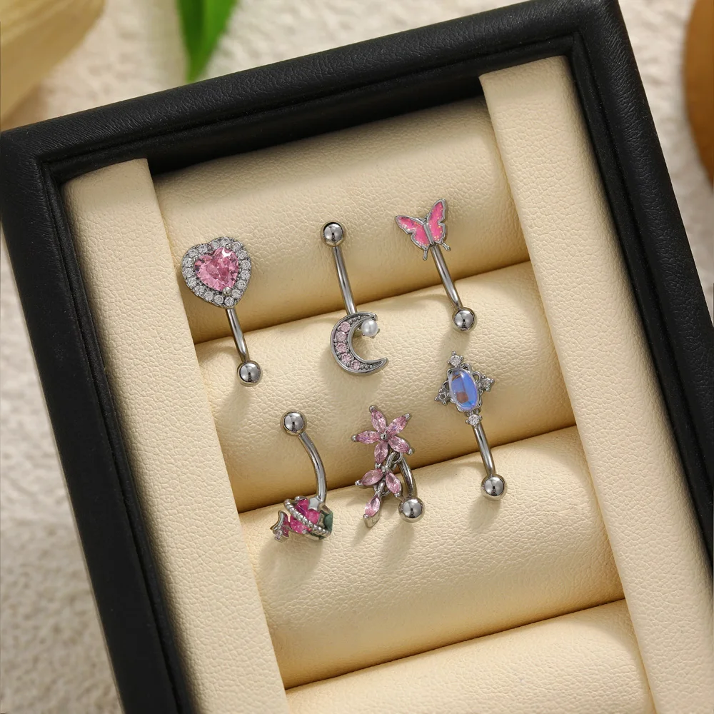 New 6pcs/set Silver Color Pink Love Heart Crystal Punching Navel Piercing Mini Butterfly Cherry Blossom Flower Moon Body Jewelry