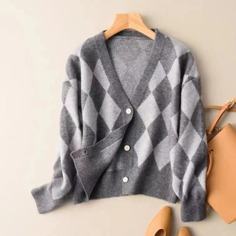 

Argyle Knitted Sweaters For Women Cardigan V-Neck Plaid Casual Loose Female Korean Style Cropped Sweater Sueter Mujer Invierno