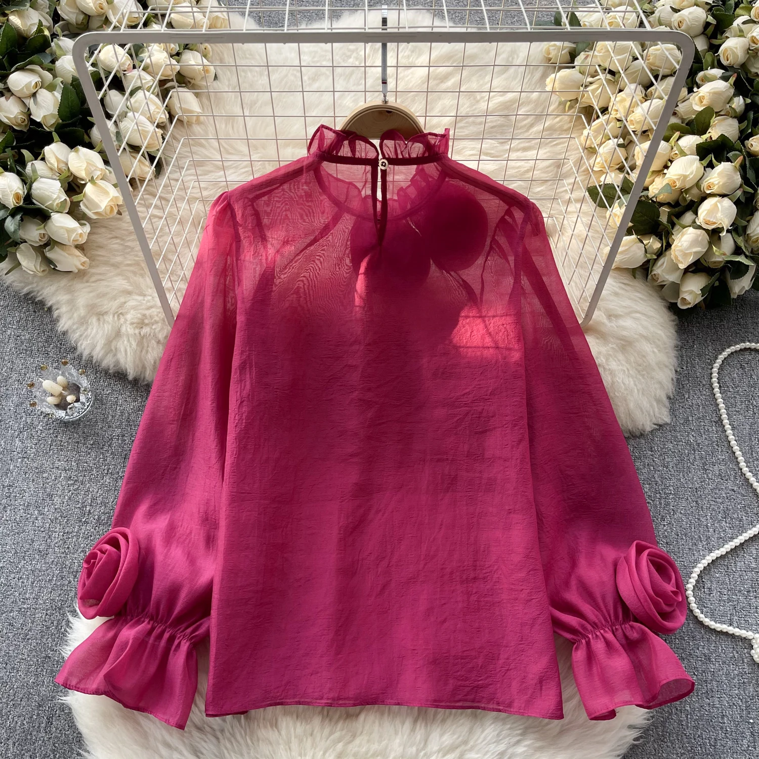 Sexy Puff Sleeve Long Sleeve O-Neck 3D Floral Pleated Blouse Slim Elegant Fashion Basic Chic Spring Summer Women Chiffon Shirt