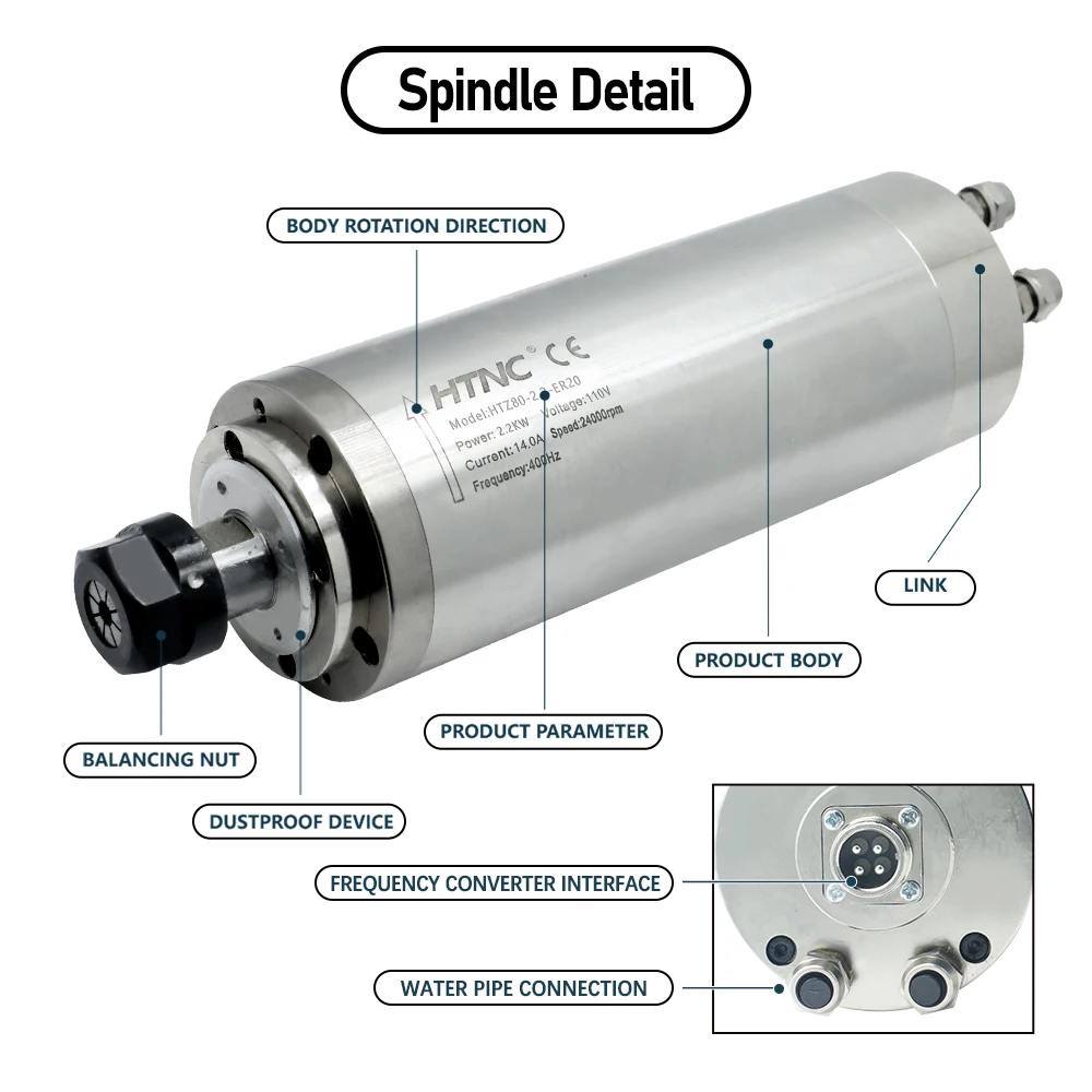 2200W CNC Spindle Motor 220v ER20 2.2kw Round Water Cooling Spindle 24000RPM +2.2kw VFD 50/60hz +Water Pump +80mm Bracket