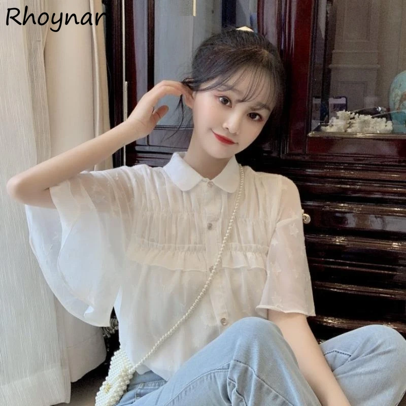 

White Shirt Women Summer Fairycore Style Single Breasted Ruffles Sheer Fresh Sweet Stylish Ulzzang Girlish New-arrival Slim Cozy