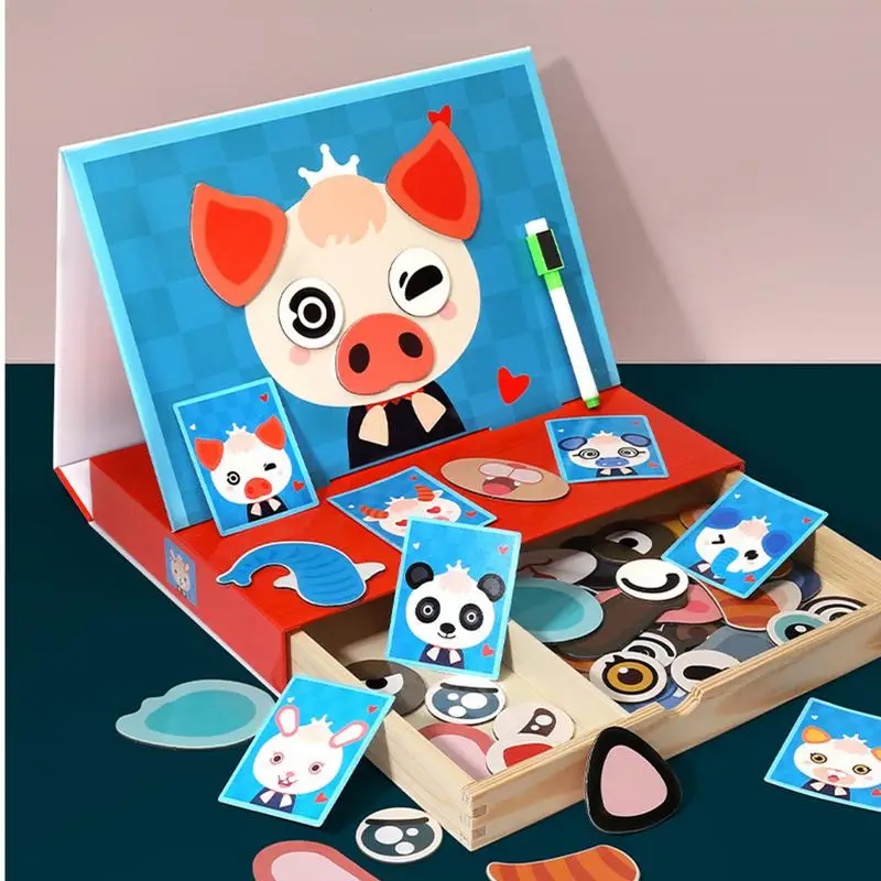 Magnetic Wooden Animal Puzzle Multifunction Children Animal Puzzle Writing Magnetic Drawing Board  Educational Toys For Kids kids diy emotion puzzle toys 3d cartoon facial expression stickers learning educational toys for children art drawing craft kits