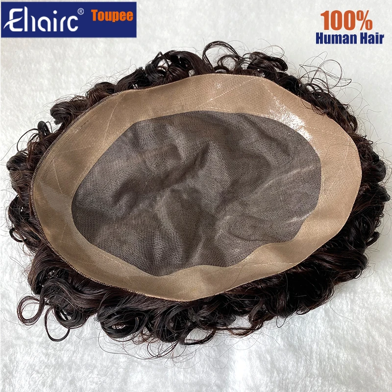 Curly Toupee For Men Brown Color Mono Hair System Unit for Men Durable Male Hair Prosthesis 100% Human Hair Unit Men's Wig 3