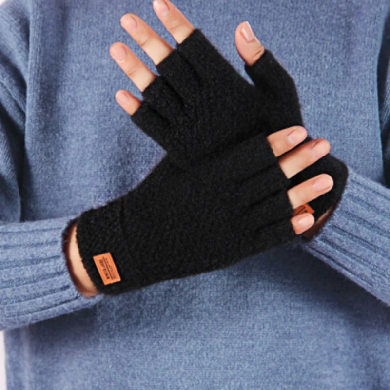 

Men Knit Half Finger Gloves Winter Warm Mittens Driving Gloves Solid Color Wool Knit Mittens Fingerless Glove Leather Label