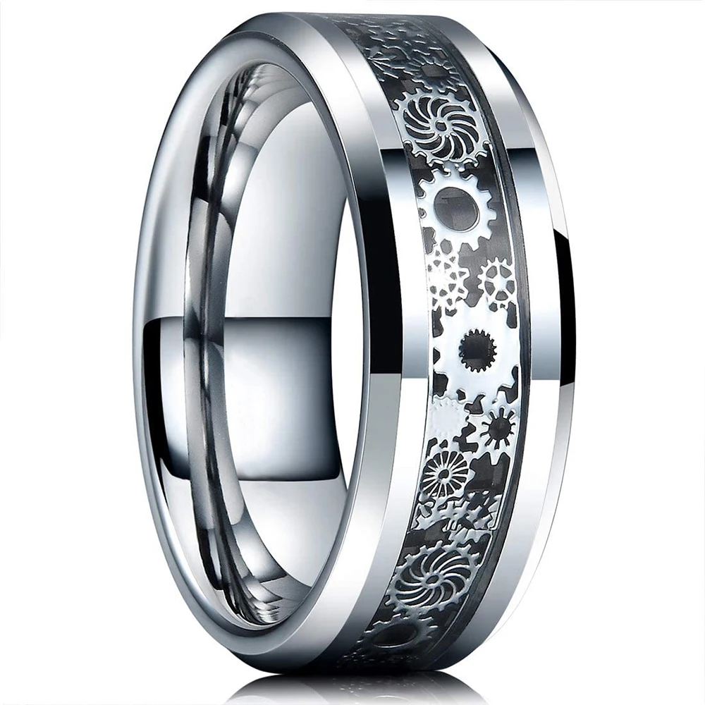 Timeless Titanium Stainless Steel Ring with Black and Blue Carbon Fiber Inlay – Elegant Men's Wedding Band and Gift Accessory