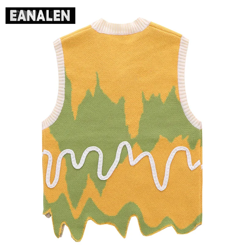 Mens Knitted Vest Harajuku Black Green Colorblock Jumper Sweater Vest Women's y2k Retro Oversized Knitted Ugly Sleeveless Sweater Men's Aesthetic