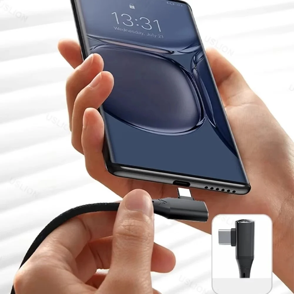 120W 90 ° 엘보우 USB 데이터 케이블 타입-C에서 타입-C로 고속 충전 나일론 브레이디드 케이블 아이폰 삼성 화웨이용 퀵 차지 코드