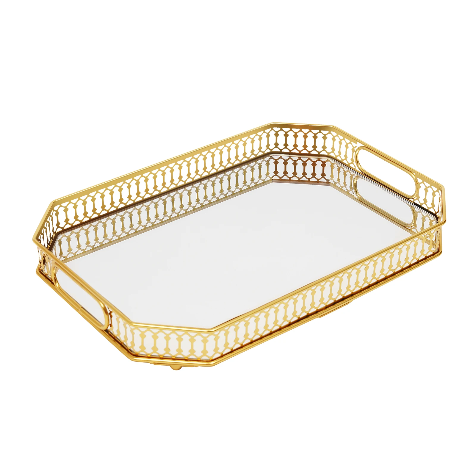 Goldener achteckiger Spiegel-Dekotablett, rechteckiges Eisenkunst-Glastablett, Serviertablett, Schminktisch-Tablett zur Aufbewahrung von Kosmetik, Seife, Parfüm – Detail 10