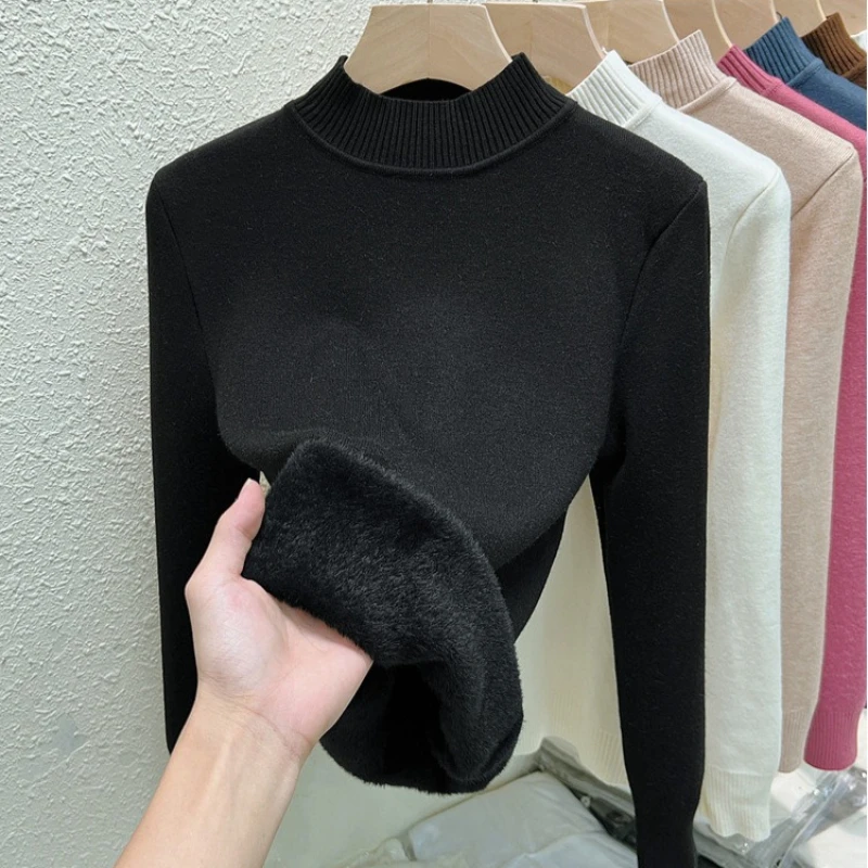 New Fashion Semi-turtleneck Women's Integrated Fleece Sweater Elegant Slim-fitting Knitwear Pullover Solid Color Bottoming Shirt