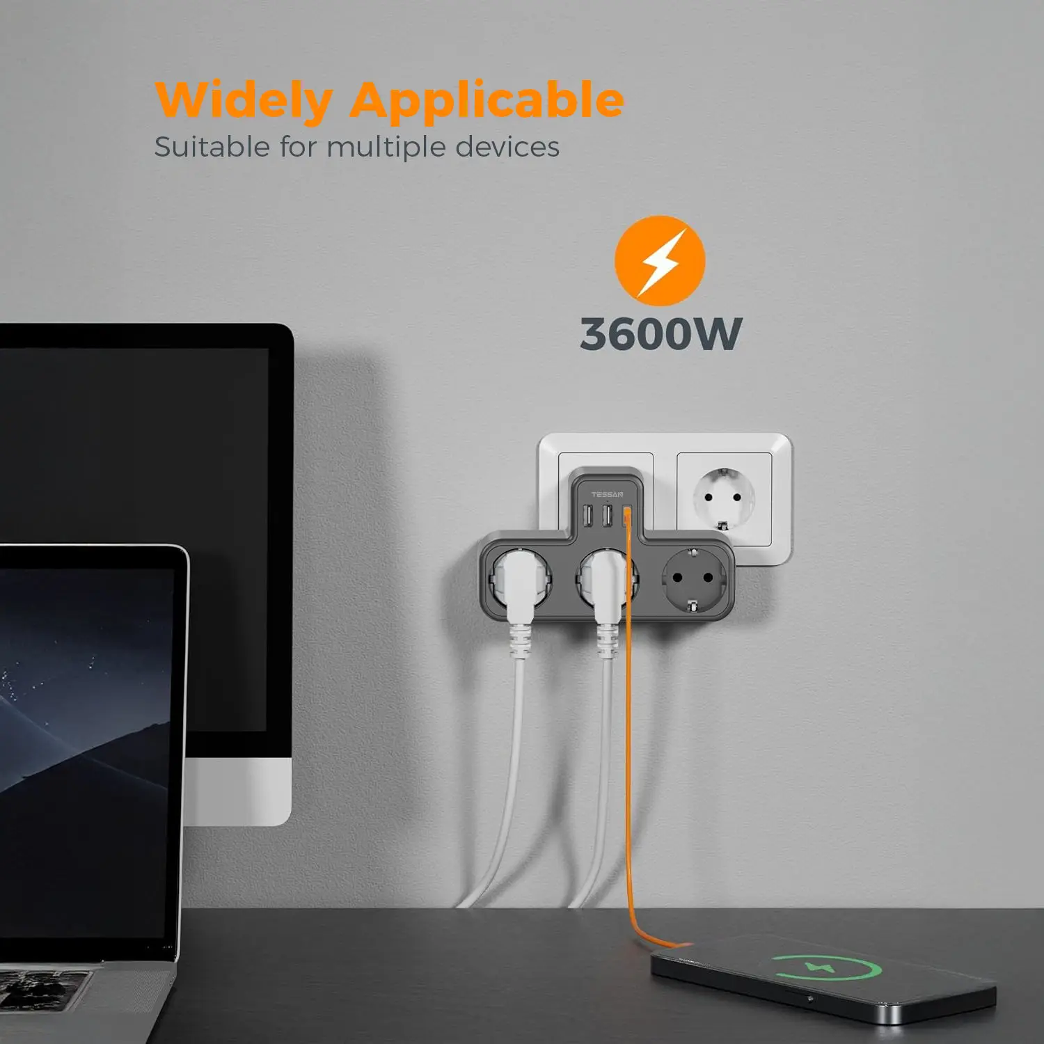 TESSAN Multiple Wall Socket Extender with 3 Outlets +2 USB +1 Type C 6-in-1 EU Plug Socket Adapter Overload Protection for Home plug adapter wall socket extender