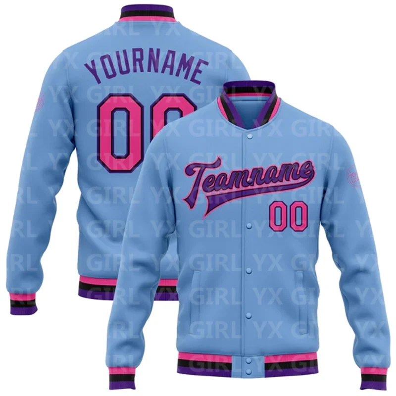 Custom Light Blue Pink Black-Purple Bomber Full-Snap Varsity Letterman Jacket 3D Printed Baseball Button Jacket tank tops summer night ballpark light baseball tank top dark grey in gray size m