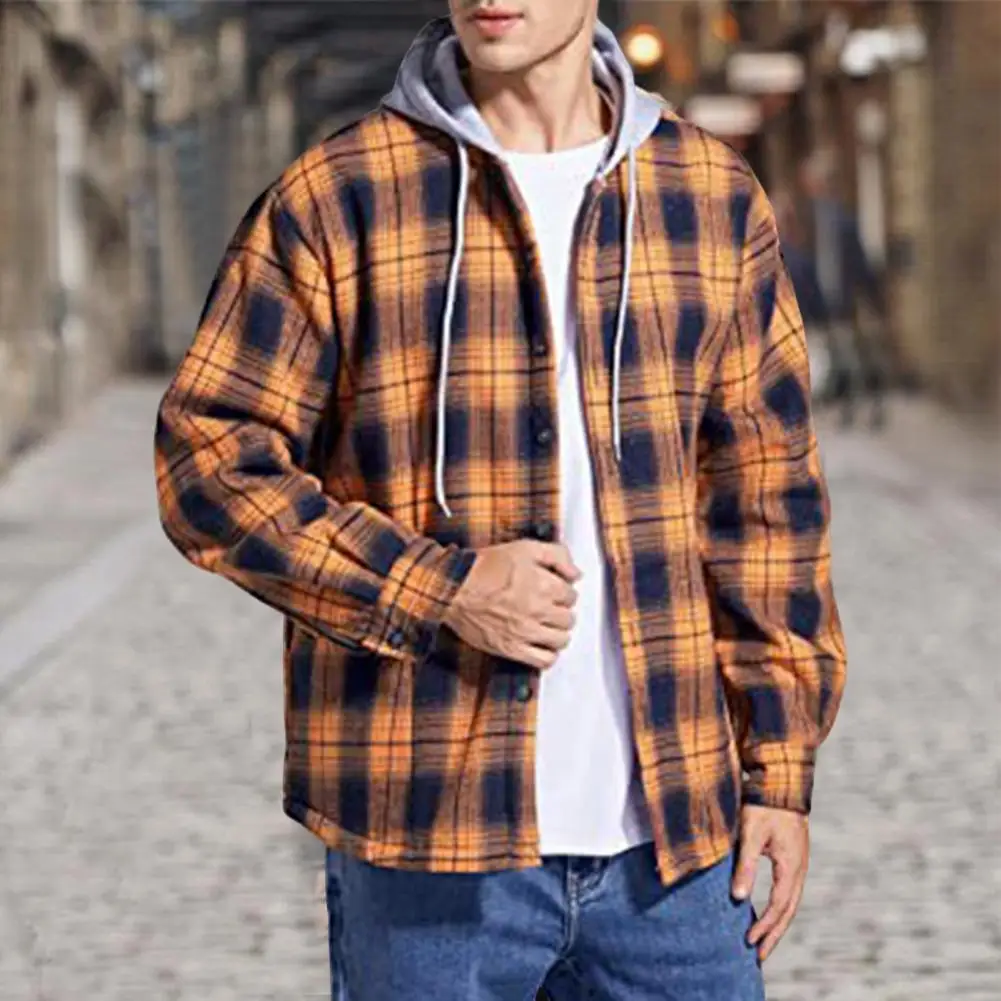 Camicie a quadri con cappuccio da uomo Giacca casual sportiva invernale caldo colletto rovesciato cappotto camicia casual camicia camicia a quadri capispalla invernale maglione a quadri, Arancione, M