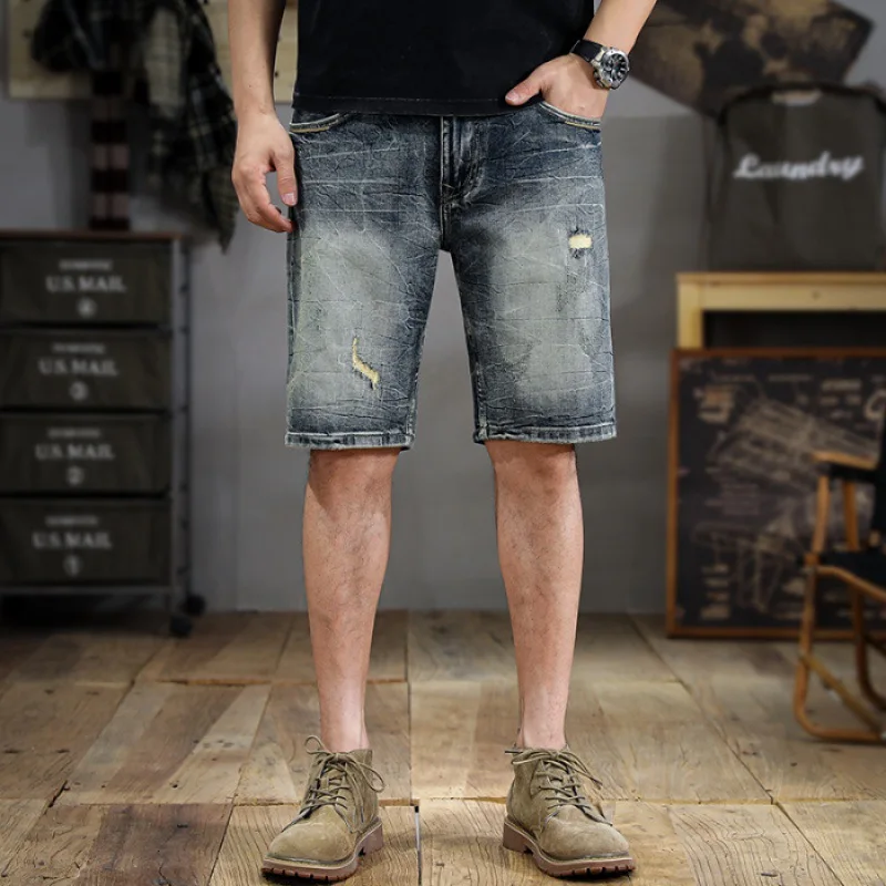 Retro Washed Do the Old Cowboy Shorts Men\'s Korean-Style Slim-Fit Straight Shorts Summer Ins Versatile Bermuda Shorts