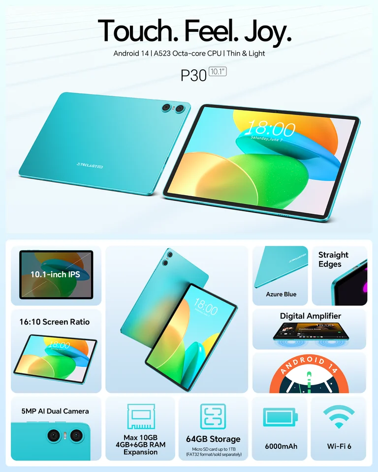 タブレットTeclast-P30オクタコア,Android 14,wifi 6, 4 6GB RAM